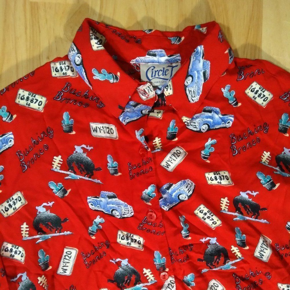 Vintage Circle T By Marilyn Lenox Americana Bucking Bronco Pattern Shirt